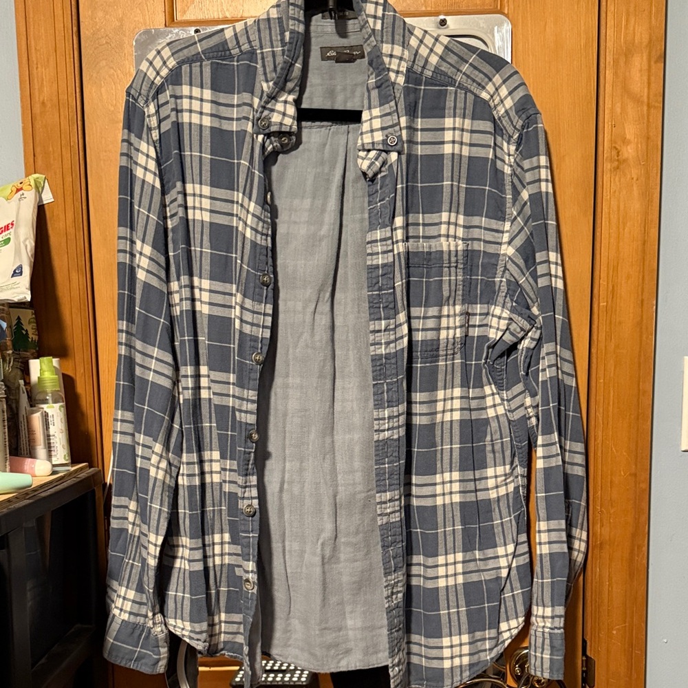 Blue and White Plaid Button-Up Shirt